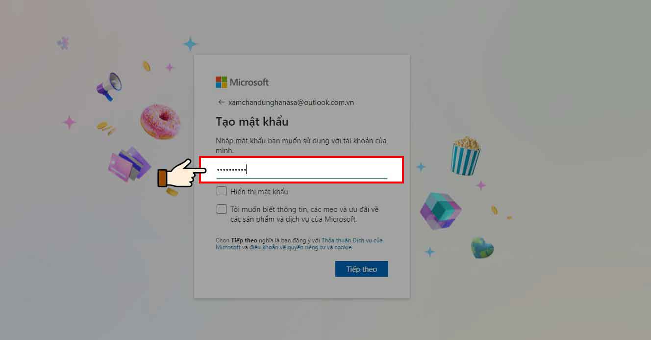 Bước 8: Nhập mật khẩu bạn muốn sử dụng với email của mình, sau đó chọn Tiếp theo